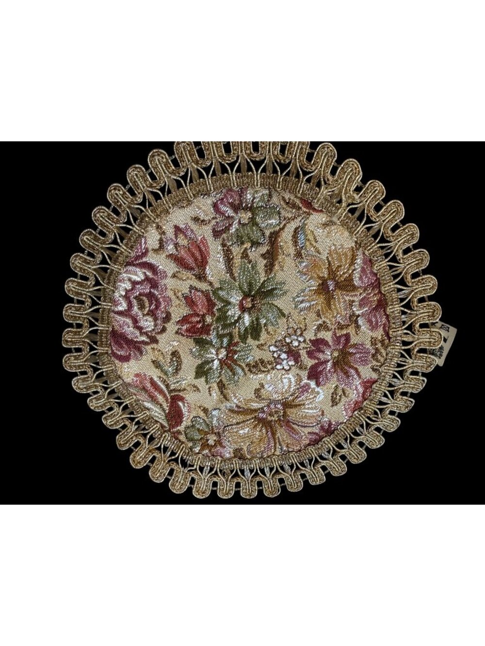 Vintage European Floral Tapestry Doily  Gold Metallic Trim Table Top Switzerland